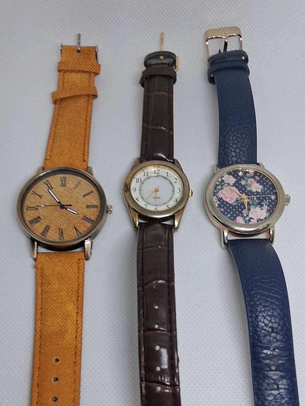 Set of Three Fashion Wristwatches - Mustard, Brown, Navy Floral